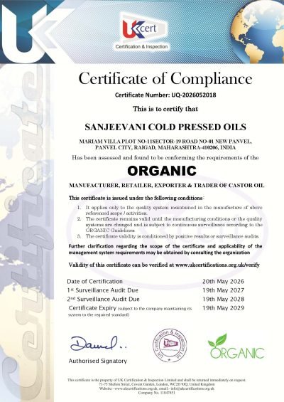 SANJEEVANI COLD PRESSED OILS - organic UQ-2026052018 certificate